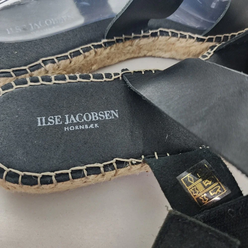 Ilse Jacobsen Hornbaek Black Leather Espadrille Sandals Made in Spain Size 39